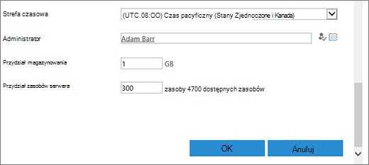 Nowe okno dialogowe zbioru witryn z sekcją Strefa czasowa i przydziały.