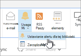 Karta Biblioteka z wyróżnioną pozycją Ustaw alert w tej bibliotece