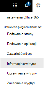 Menu Ustawienia z wybraną pozycją Informacje o witrynie