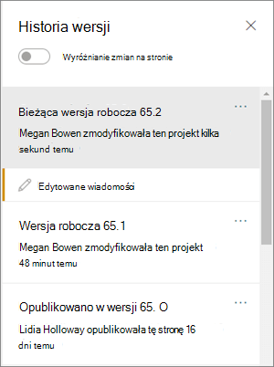 Okienko Historia wersji