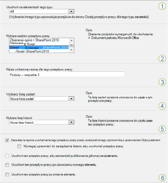 Pierwsza strona formularza skojarzenia dla pojedynczej listy lub biblioteki
