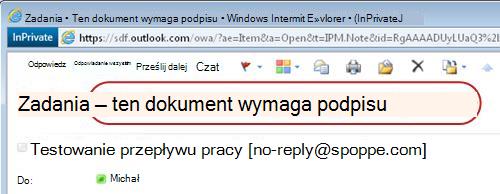 Tekst identyfikujący typ przepływu pracy w powiadomieniu o zadaniu