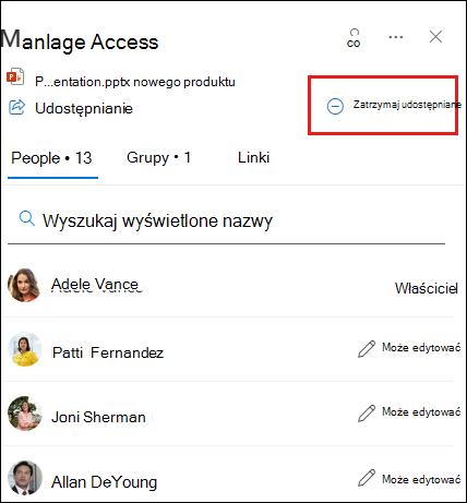 Zrzut ekranu przedstawiający okno dialogowe Zarządzanie dostępem z wyróżnioną pozycją Zatrzymaj udostępnianie.