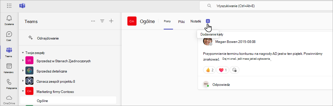 Okno dialogowe z wyświetlonym sposobem dodawania karty programu SharePoint do kanału w usłudze Teams.