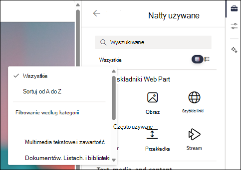 Filtrowanie składników Web Part w przyborniku poziomu 2