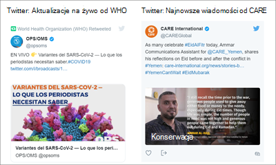 Obraz składnika Web Part serwisu Twitter przedstawiający tweety z dwóch źródeł