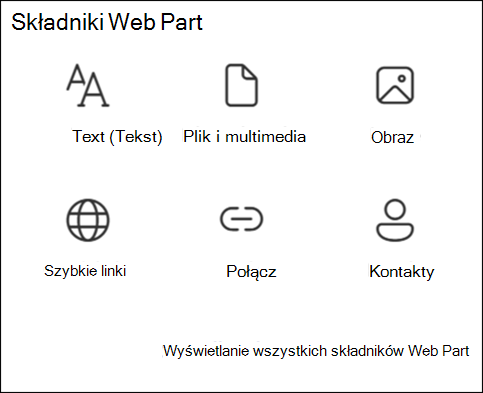 Lista składników Web Part w przyborniku
