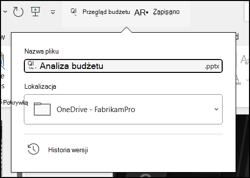Menu rozwijane z tytułu dokumentu w programie Word dla usługi Office 365