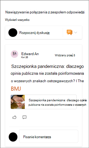 Obraz składnika Web Part usługi Yammer z przykładową konwersacją.