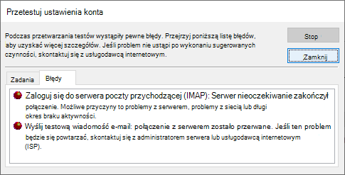Zrzut ekranu przedstawiający okno Ustawienia konta testowego Karta Błędy — IMAP