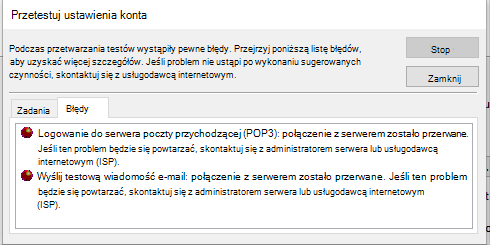 Zrzut ekranu przedstawiający okno Ustawienia konta testowego Karta Błędy — POP3