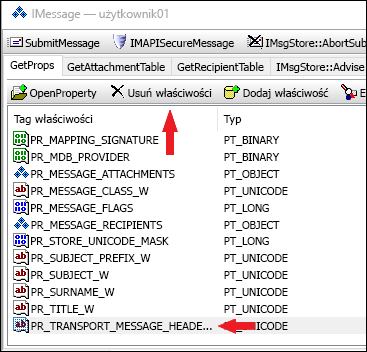 Użyj programu OutlookSpy, aby usunąć właściwość PR_TRANSPORT_MESSAGE_HEADERS.