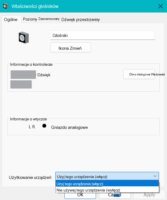 właściwości urządzenia audio
