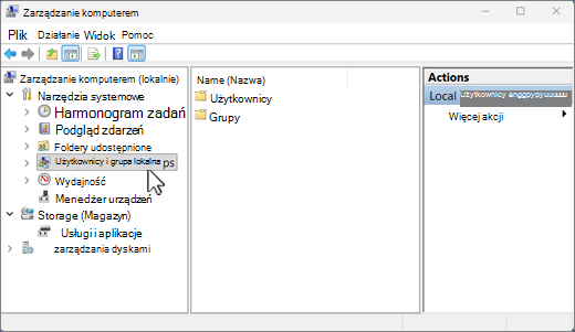 Ekran Zarządzanie komputerem w Windows 11 z wyróżnioną pozycją Użytkownicy i grupy lokalne.