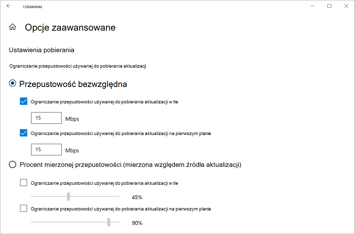 Zrzut ekranu przedstawiający opcję Optymalizacja dostarczania, aby ograniczyć przepustowość pobierania w Windows 10.