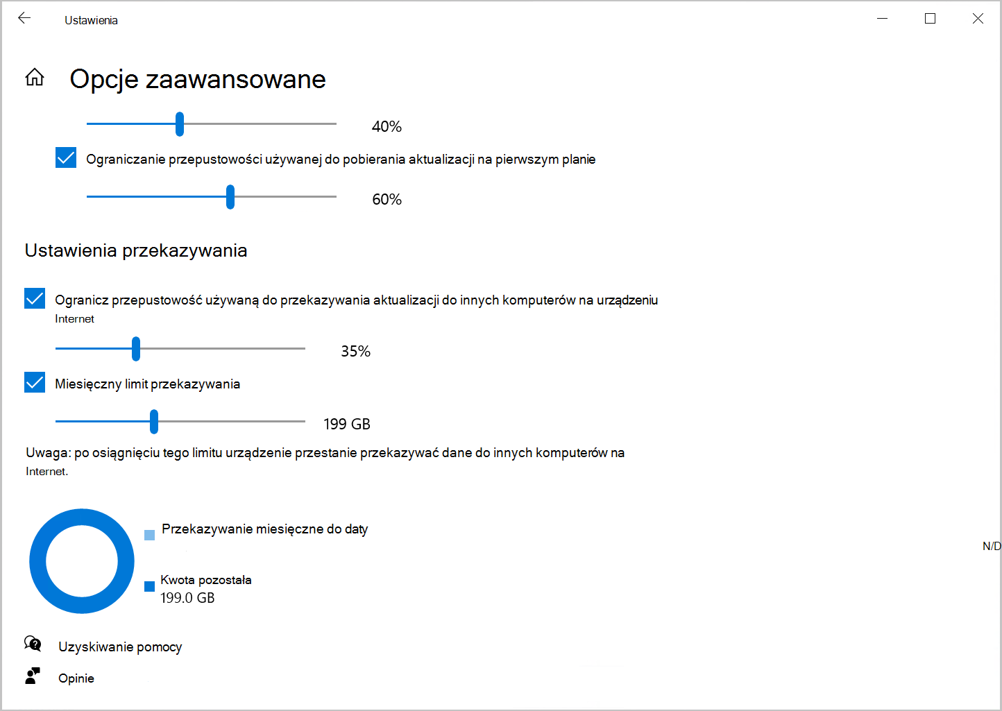 Zrzut ekranu przedstawiający opcję Optymalizacja dostarczania, aby ograniczyć przepustowość przekazywania w Windows 10.
