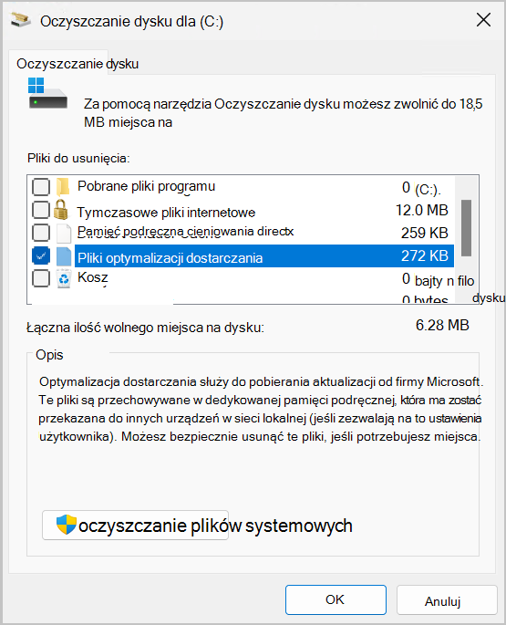 Zrzut ekranu przedstawiający narzędzie oczyszczania dysku z wybraną opcją optymalizacji dostarczania Files.