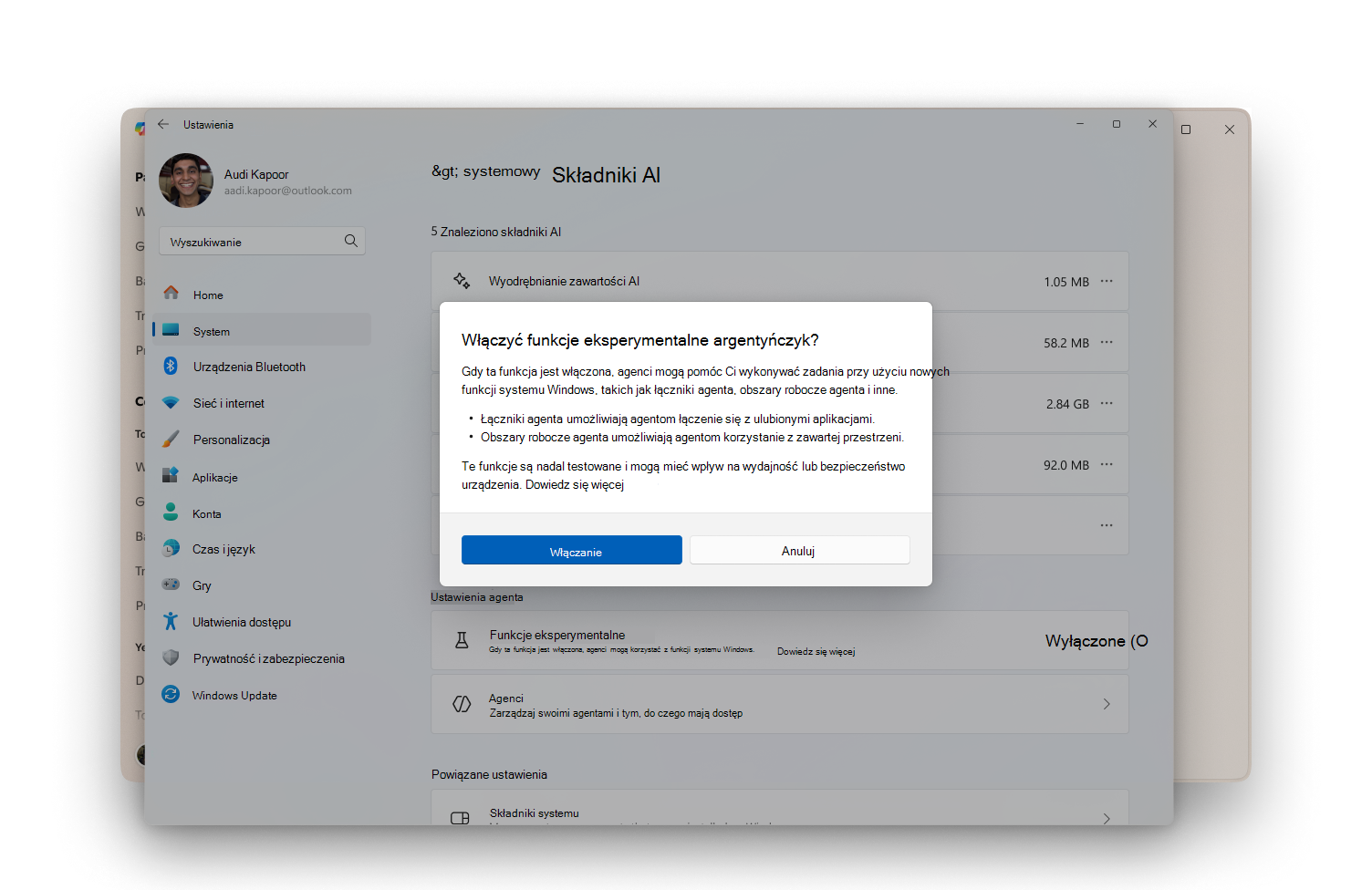Okno dialogowe wyświetlane po wybraniu ustawienia Eksperymentalna funkcja agenta