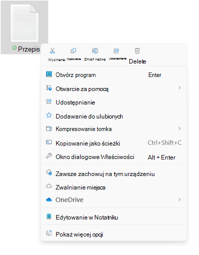 Zrzut ekranu menu kontekstowego pliku pokazujący nowe opcje wycinania/kopiowania/zmiany nazwy/udostępniania/usuwania.