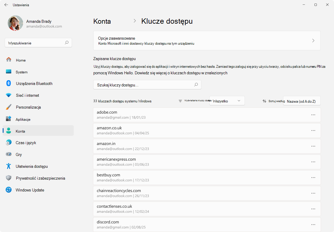 Zrzut ekranu przedstawiający klucze dostępu ustawień > .