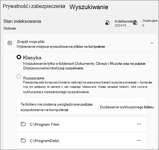 Zrzut ekranu przedstawiający ustawienia usługi Windows Search.