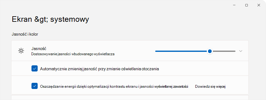 zrzut ekranu przedstawiający ustawienia z kontrolką jasności.