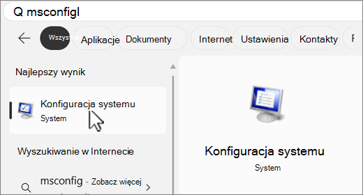 Wyszukiwanie w usłudze MSConfig.