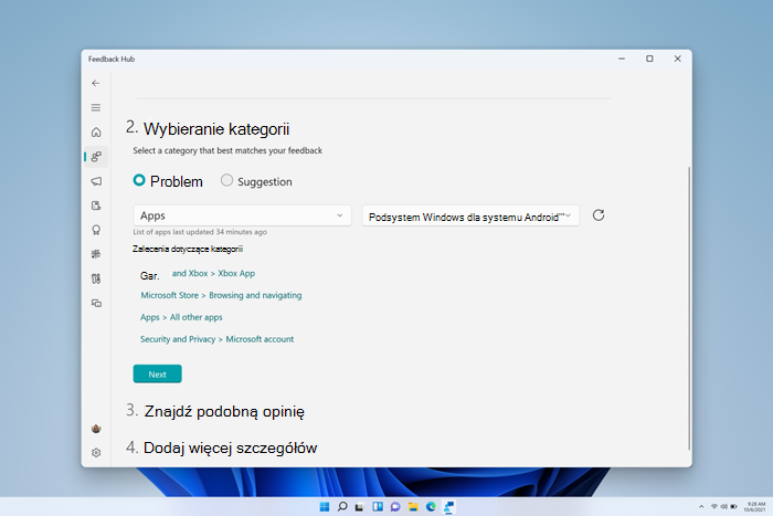 Zrzut ekranu przedstawiający okno Centrum opinii z wybraną kategorią Aplikacje, a następnie pozycją podkategorii systemu Windows dla systemu Android.