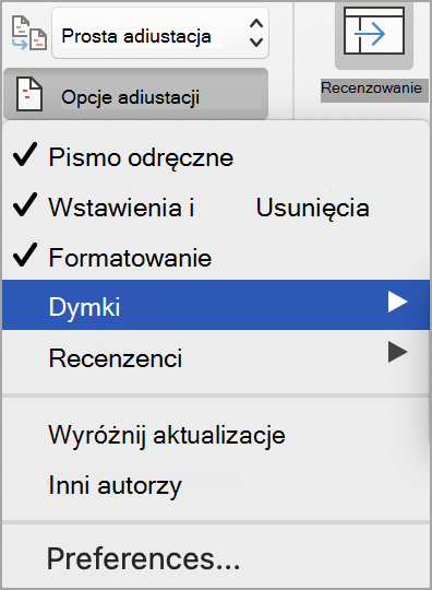 Opcje adiustacji śledzenia zmian