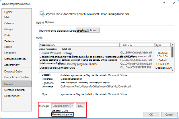 Zrzut ekranu przedstawiający okno opcji programu Outlook
