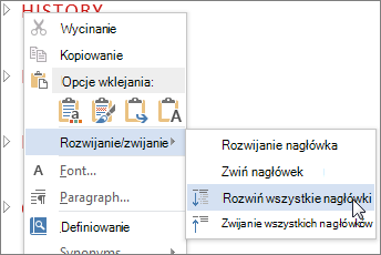 Menu wyświetlane po kliknięciu prawym przyciskiem myszy
