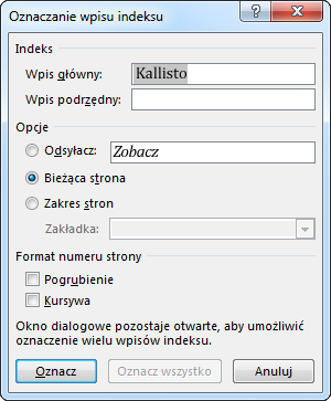 Okno dialogowe Oznaczanie wpisu indeksu