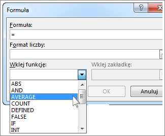 Okno Formuła z wyświetlonym menu funkcji