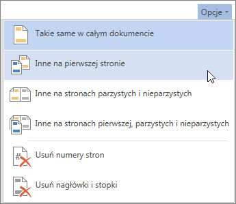 Menu Opcje nagłówków i stopek w aplikacji Word Online