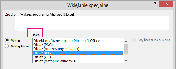 Górna część okna dialogowego Wklejanie specjalne