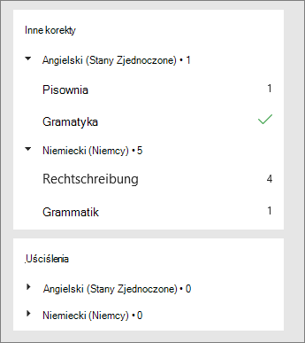 Korekty i uściślenia są wyświetlane w okienku Redaktora zgodnie z wybranym językiem.