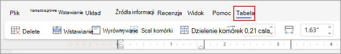 Karty tabel na uproszczonej wstążce