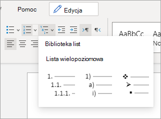 Opcje listy wielopoziomowej
