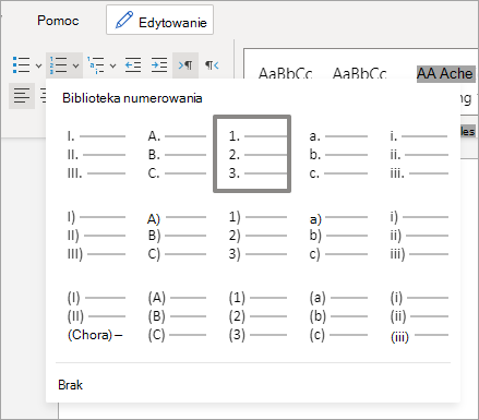 Opcje w bibliotece numerowania