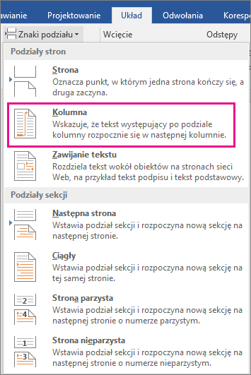 Wyróżniona opcja Kolumna w menu Podziały.