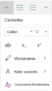 Menu czcionki w orientacji pionowej