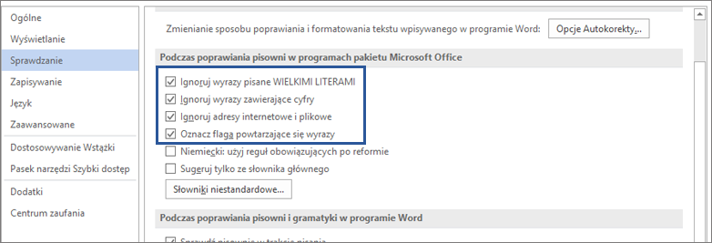 Opcje ignorowania wyrazów przy poprawianiu pisowni
