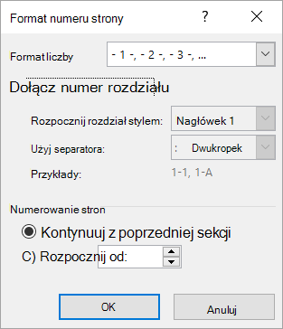 Okno dialogowe Format numeru strony