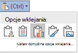 Przycisk opcje wklejania w Word rozwinięty w celu wyświetlenia opcji.