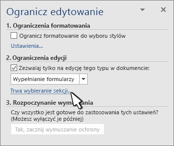 Selektor sekcji w panelu Sekcji z ograniczeniami