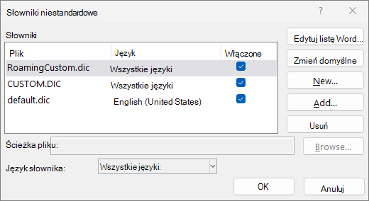 Okno dialogowe Słownik niestandardowy