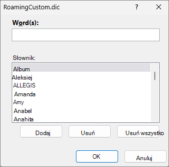 Okno dialogowe edytowania słownika