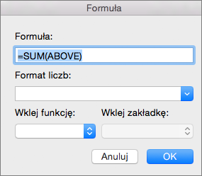 Pole Formuła zawierające formułę użytą do zsumowania kolumny