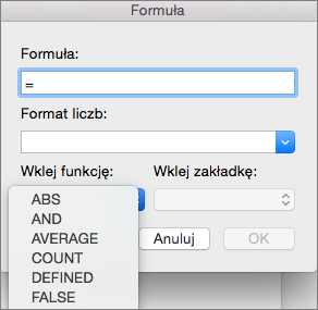 Wybieranie funkcji z listy Wklej funkcje w oknie dialogowym Formuła