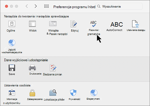 Okno dialogowe Preferencje na komputerze Mac z wybraną pozycją Pisownia